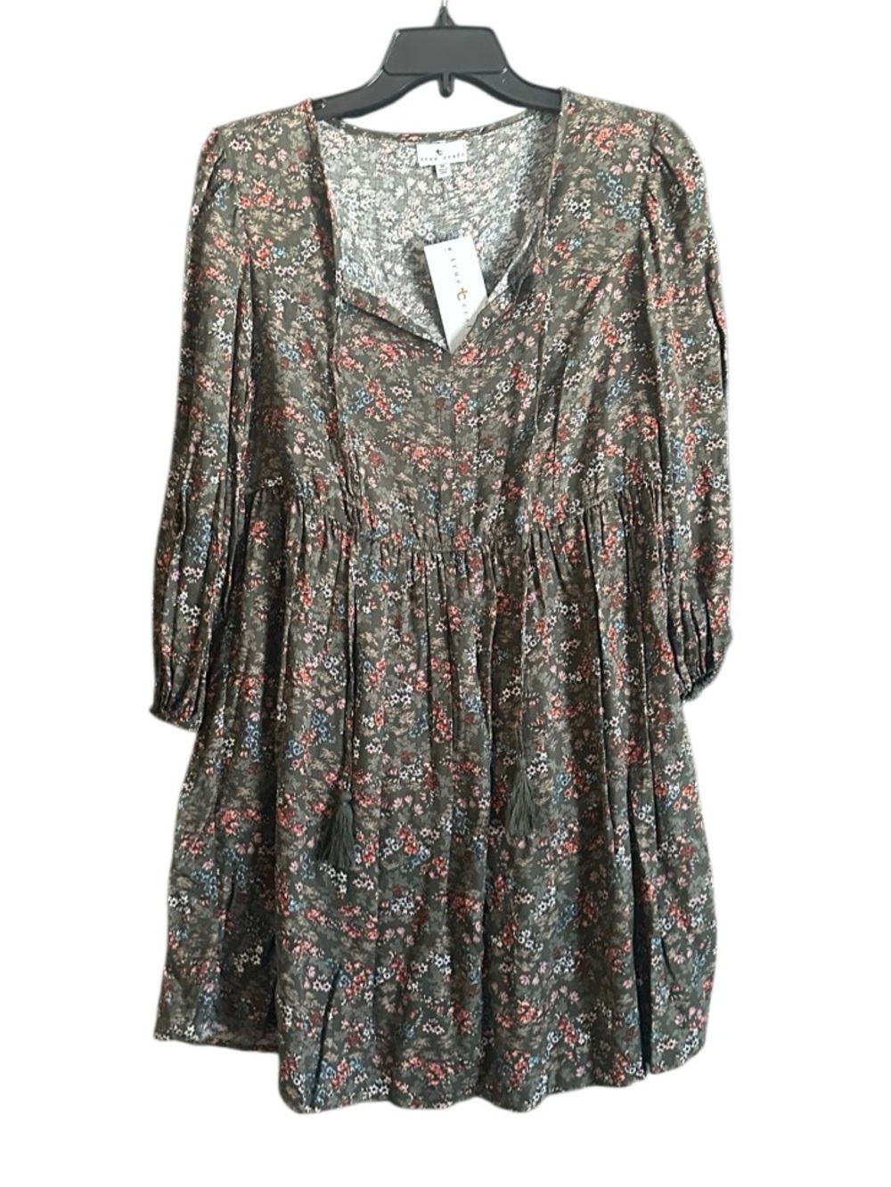 NWT True Craft Women's Olive Floral Smock Fall Dress. Size Medium